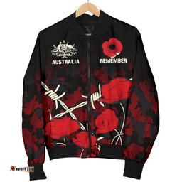 Anzac Women's Bomber Jacket - Anzac with Remembrance Poppy Flower