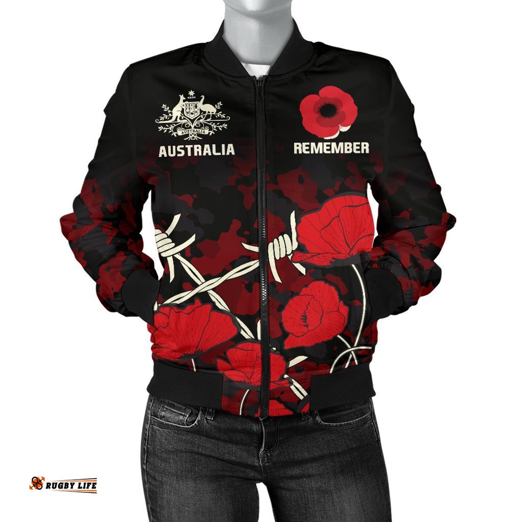 Anzac Women's Bomber Jacket - Anzac with Remembrance Poppy Flower