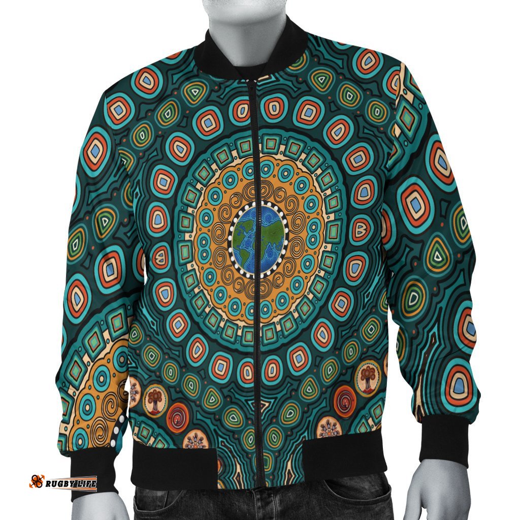Men's Bomber Jacket - Aboriginal Green Dot Painting With Earth