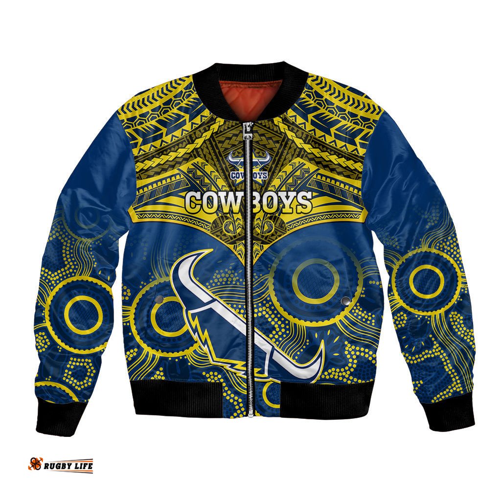 Personalised Cowboys Rugby Bomber Jacket Aboriginal Mix Polynesian Pattern