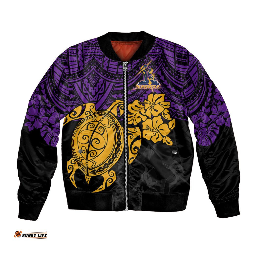 Custom Storm Rugby Bomber Jacket Melbourne Hibiscus and Turtle With Polynesian Pattern