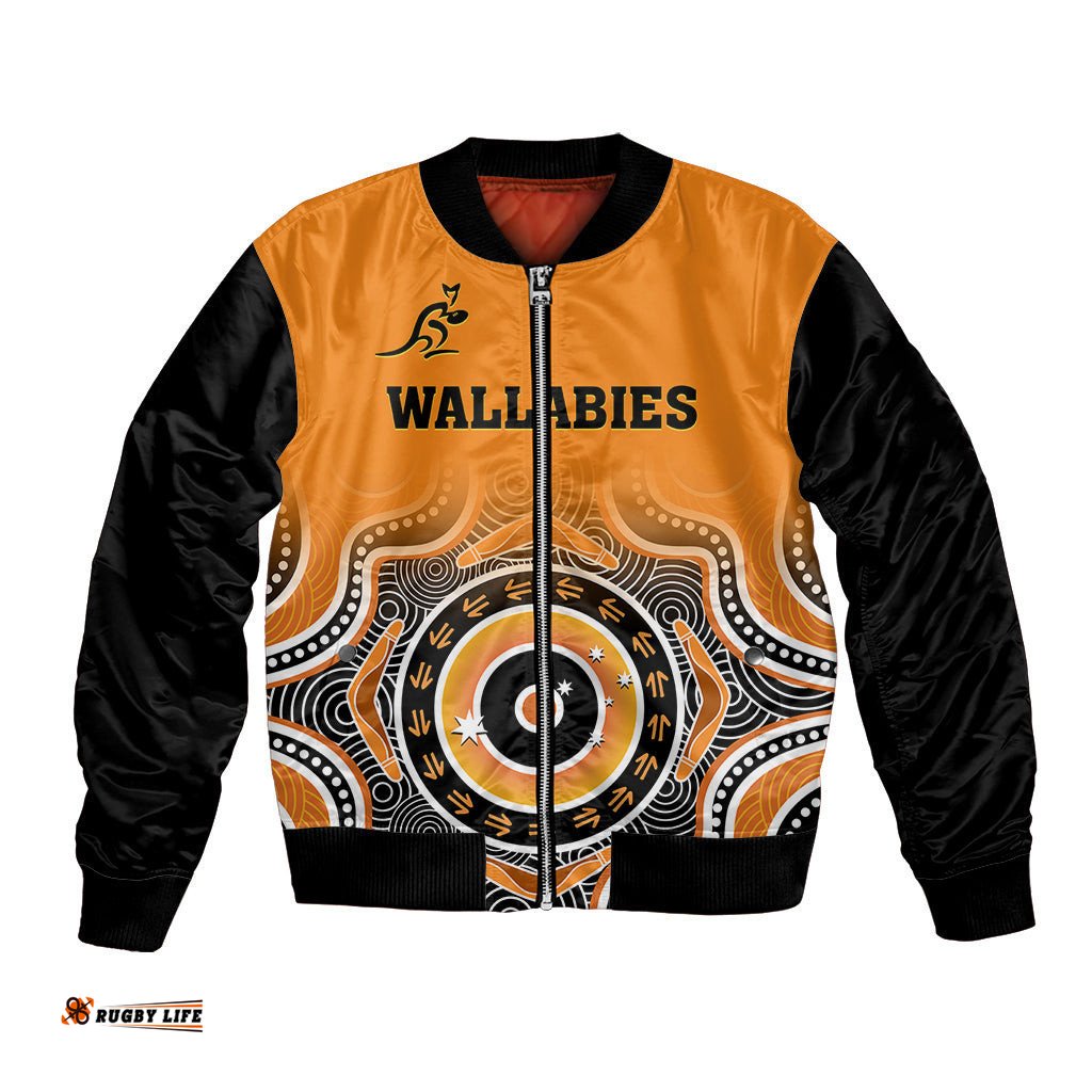 Custom Text And Number Wallabies Rugby Bomber Jacket Aussie Go Champions Indigenous Orange