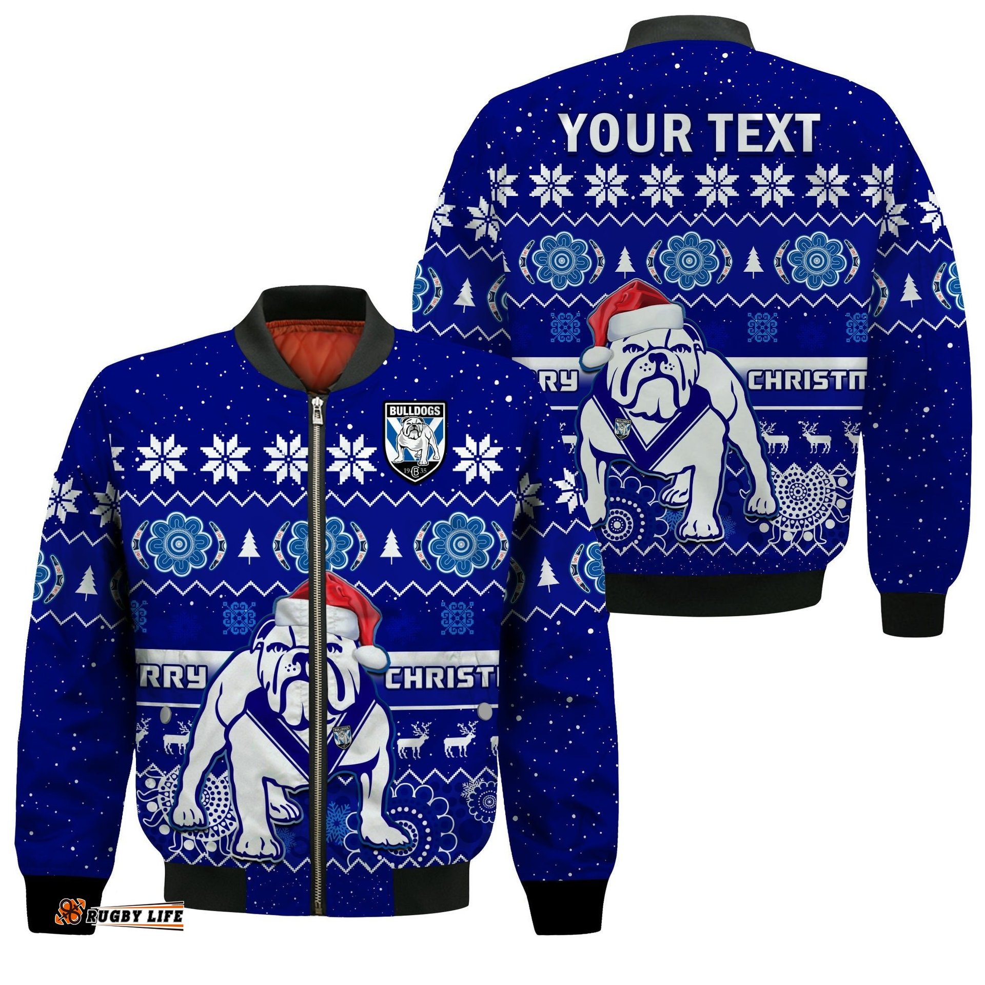 Custom Personalised Bulldogs Rugby Christmas Bomber Jacket Berries Merry Xmas Aboriginal Art