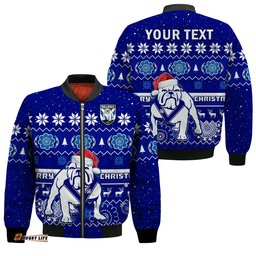 Custom Personalised Bulldogs Rugby Christmas Bomber Jacket Berries Merry Xmas Aboriginal Art