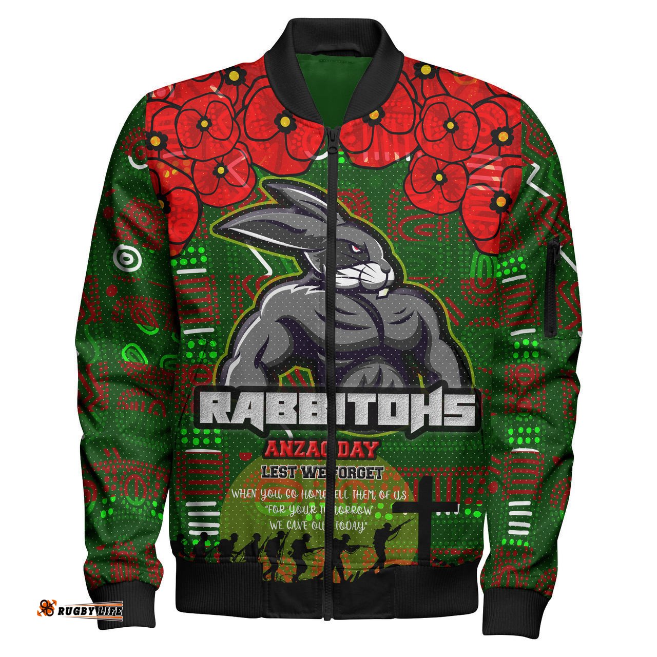 Rabbitohs Rugby Bomber Jacket - Aboriginal South Sydney Rabbitohs Anzac '' Lest We Forget '' With Poppy Flower Bomber Jacket