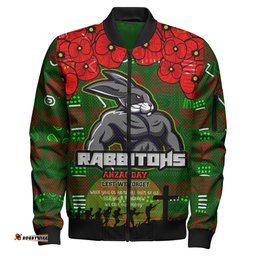 Rabbitohs Rugby Bomber Jacket - Aboriginal South Sydney Rabbitohs Anzac '' Lest We Forget '' With Poppy Flower Bomber Jacket