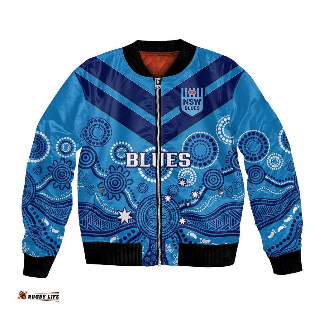 Personalised NSW Rugby Bomber Jacket Blues Aboriginal Art