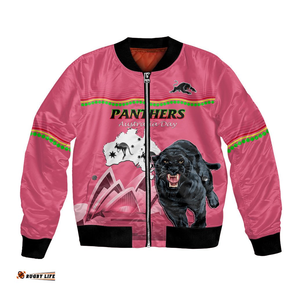Custom Australia Day Panthers Bomber Jacket NRL 2024 Sydney Opera House With Map - Pink