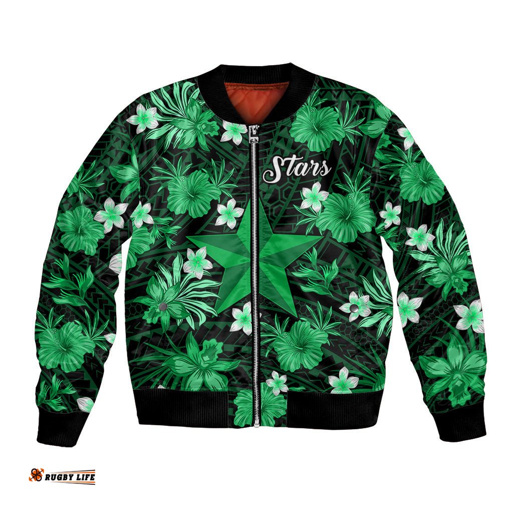 Australian Stars Cricket Bomber Jacket Baeuty Pacific Hibiscus and Polynesian Pattern