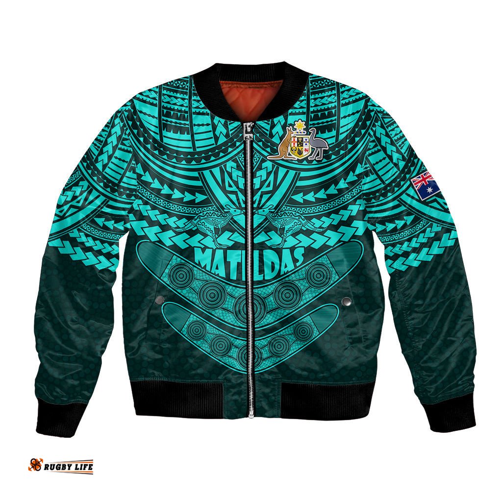 Matildas Soccer Bomber Jacket Polynesian and Aboriginal Turquoise Vibe