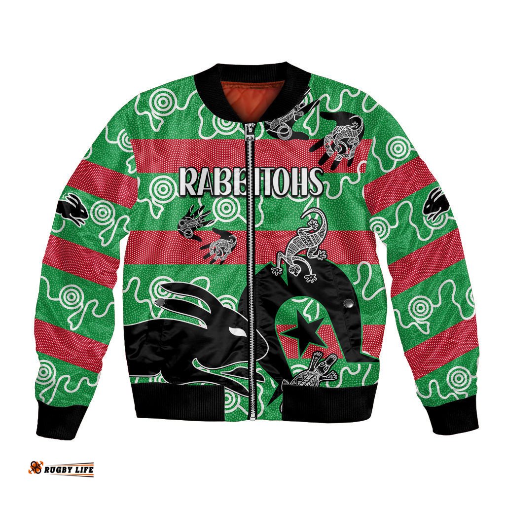 NAIDOC Rabbitohs Rugby Bomber Jacket Go The Bunnies Aboriginal Dots