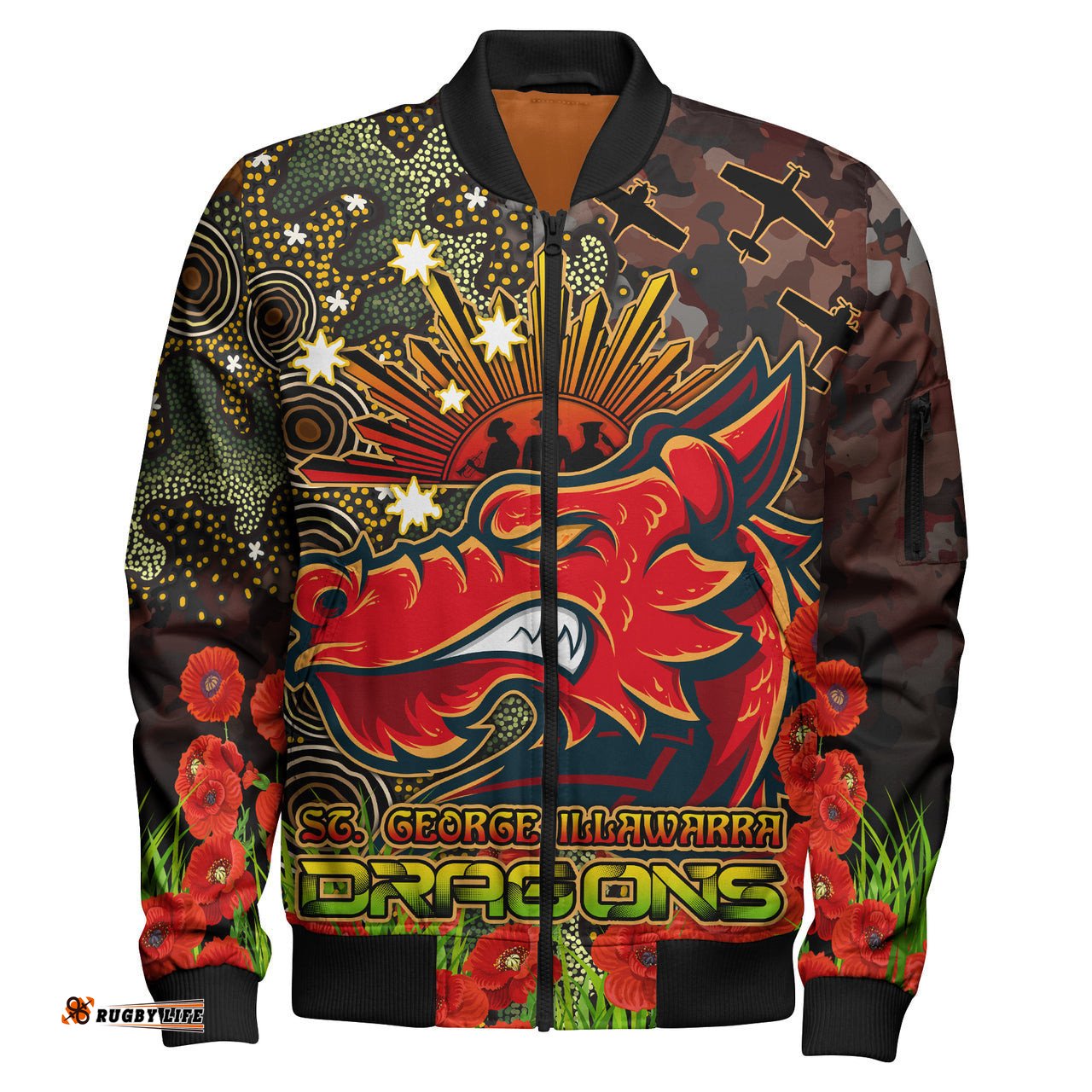 St.George Rugby Bomber Jacket - Custom Anzac Dragons with Remembrance Poppy and Indigenous Patterns Bomber Jacket RLT13