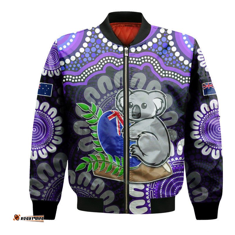 Australia Koala Aboriginal Bomber Jacket Koala Hugging Rugby Ball Purple