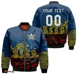 North Queensland Cowboys Bomber Jacket Personalized Aboriginal Rugby Anzac Day Poppy With Soldiers - NRL
