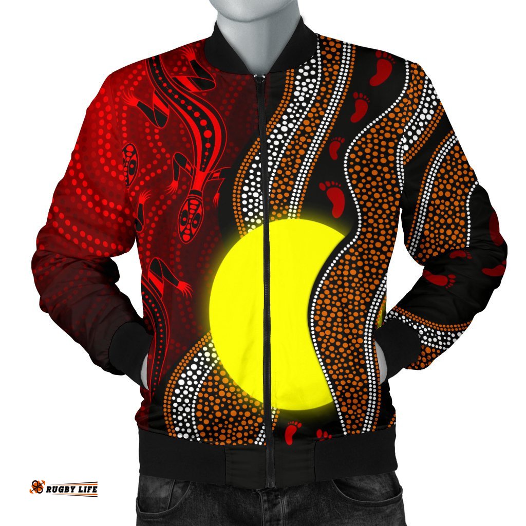 Aboriginal Men Bomber Jacket - Aboriginal Flag Lizard Dot Painting Style