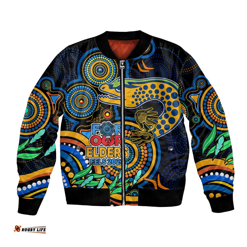 Custom Eels Rugby Aboriginal Art Bomber Jacket NAIDOC Indigenous Tribal