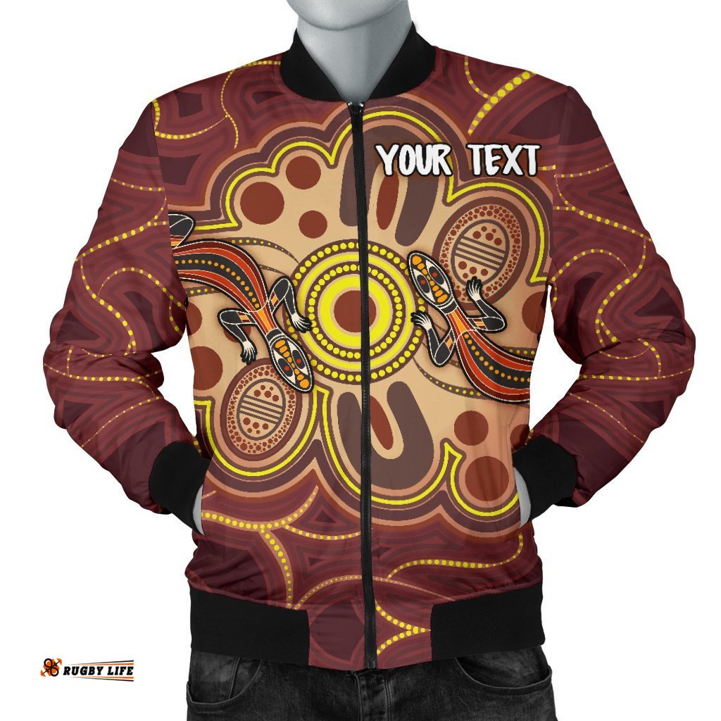 Custom Aboriginal Men's Bomber Jacket, Indigenous Lizard Dot Painting Art