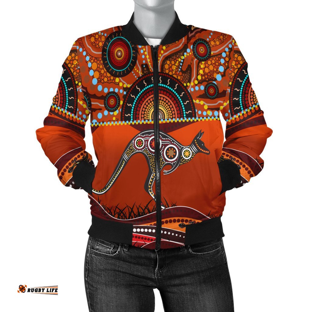 Aboriginal Women's Bomber Jacket - Kangaroo With Dot Painting