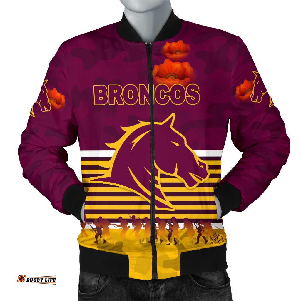 Brisbane Broncos Men's Bomber Jacket Anzac Day Simple Style - Maroon