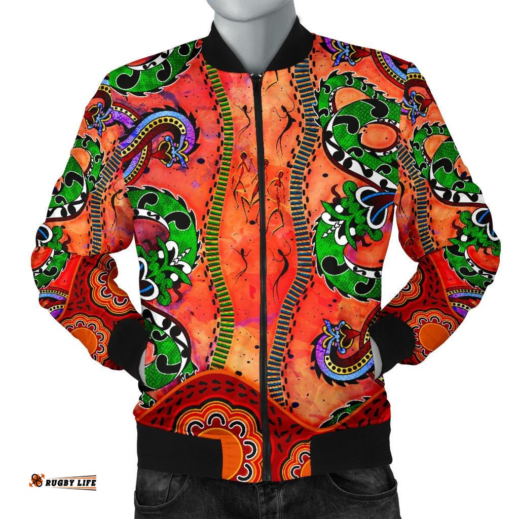 Aboriginal Men's Bomber Jacket - Aussie Indigenous Patterns Orange