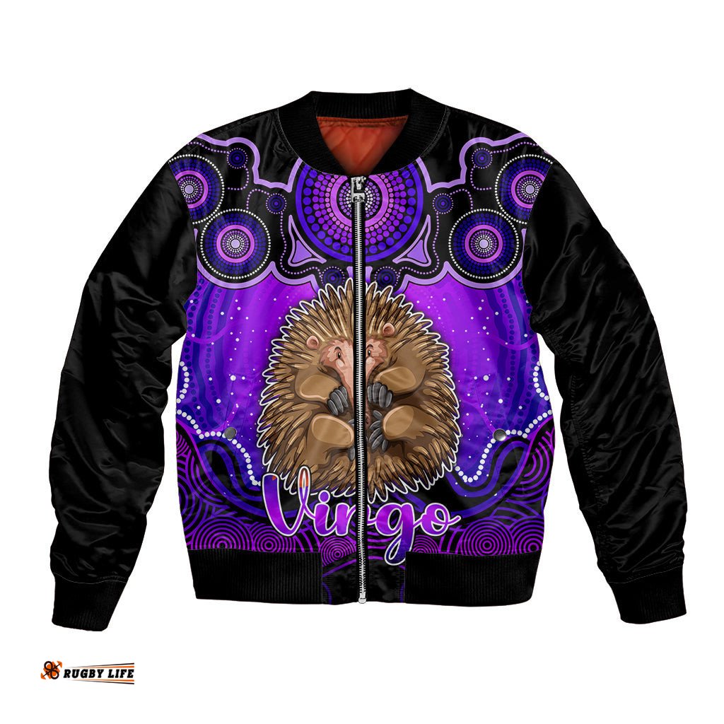Personalised Australia Virgo Echidna Zodiac Bomber Jacket Auz Astrology Aboriginal - Purple
