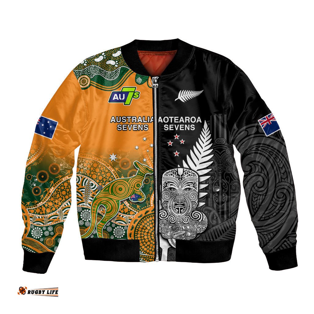 Custom Personalised Aussie and Aotearoa Rugby 7s Kangaroos Mix Tiki Fern Bomber Jacket