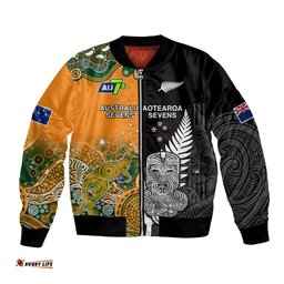 Custom Personalised Aussie and Aotearoa Rugby 7s Kangaroos Mix Tiki Fern Bomber Jacket