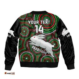 Personalised Rabbitohs Rugby Bomber Jacket Souths 1908 Indigenous Art