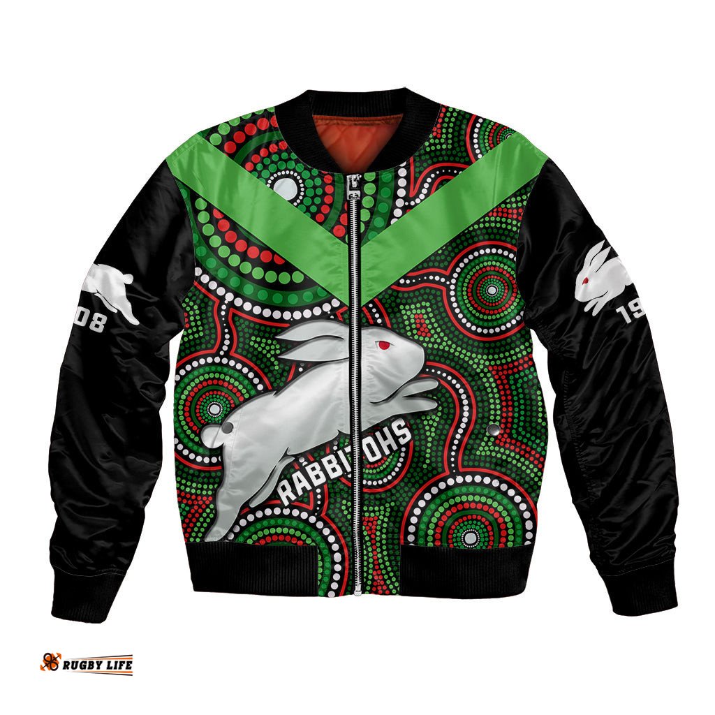 Personalised Rabbitohs Rugby Bomber Jacket Souths 1908 Indigenous Art