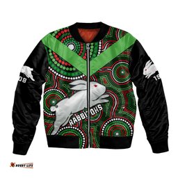 Personalised Rabbitohs Rugby Bomber Jacket Souths 1908 Indigenous Art
