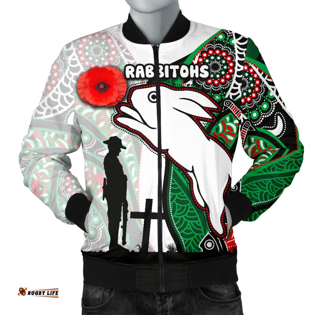 Custom Personalised Rabbitohs Men's Bomber Jacket Indigenous Anzac Day