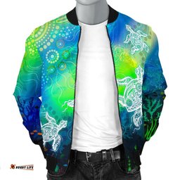 Aboriginal Men's Bomber Jacket - Indigenous Turtle Ocean Dot Painting Art