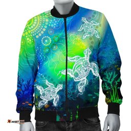 Aboriginal Men's Bomber Jacket - Indigenous Turtle Ocean Dot Painting Art