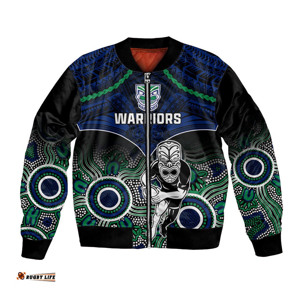 Personalised Warriors Rugby Bomber Jacket NZ Aboriginal Mix Polynesian Pattern