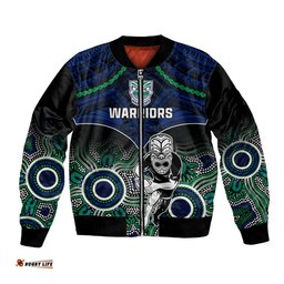 Personalised Warriors Rugby Bomber Jacket NZ Aboriginal Mix Polynesian Pattern