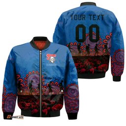 Newcastle Knights Bomber Jacket Personalized Aboriginal Rugby Anzac Day Poppy With Soldiers - NRL