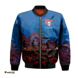 Newcastle Knights Bomber Jacket Personalized Aboriginal Rugby Anzac Day Poppy With Soldiers - NRL