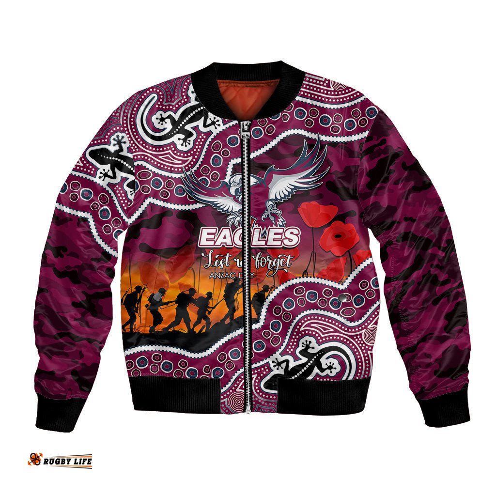 Custom Personalised Anzac Day NRL - Sea Eagles Bomber Jacket Aboriginal Lizard Patterns