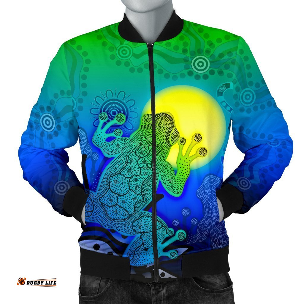 Aboriginal Men's Bomber Jacket - Indigenous Frog Blue
