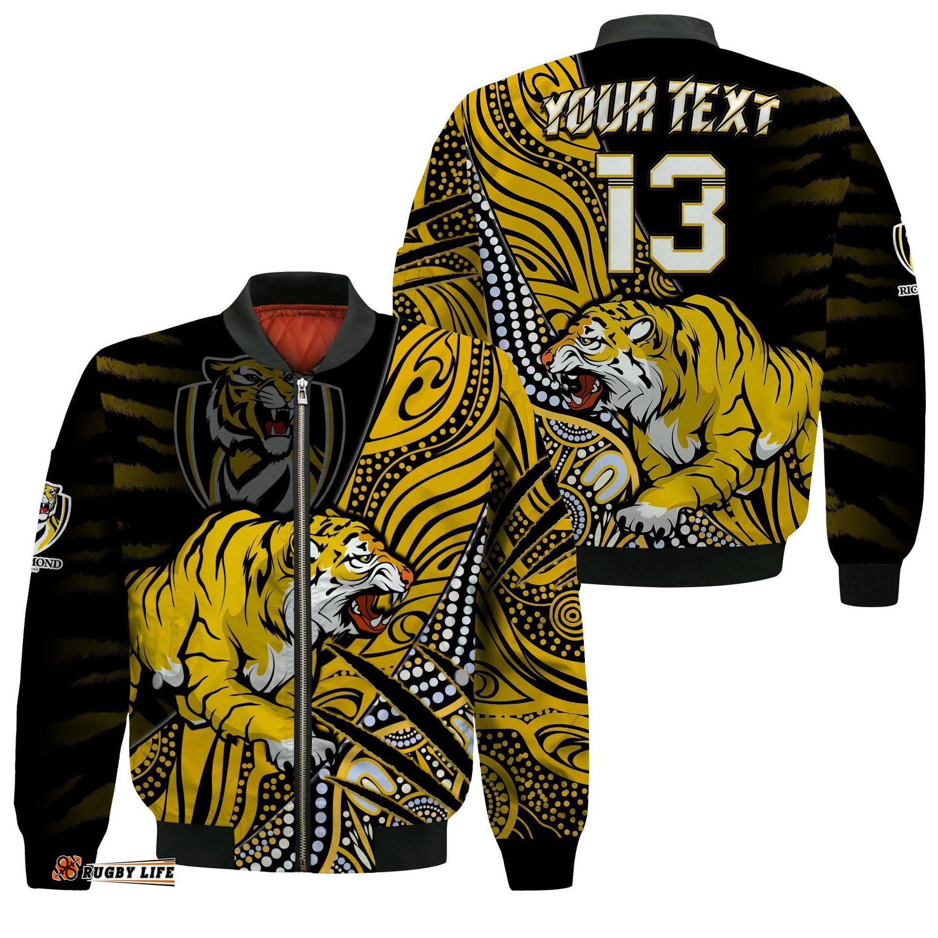Custom Text and Number Richmond Football Bomber Jacket Aboriginal Go The Tigers Premiers