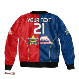 Custom Text And Number NRL Half Dolphins and Half Cowboys Rugby Bomber Jacket Sporty Style