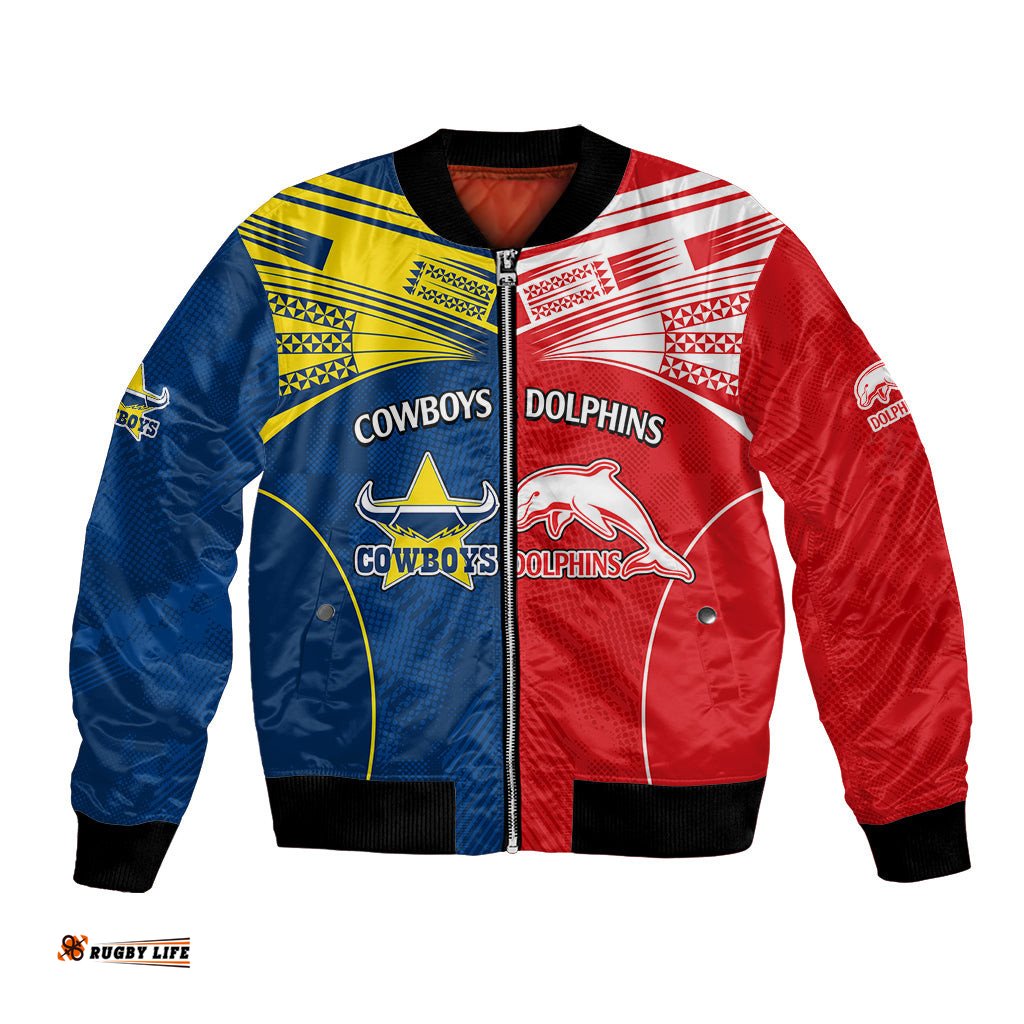 Custom Text And Number NRL Half Dolphins and Half Cowboys Rugby Bomber Jacket Sporty Style