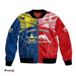 Custom Text And Number NRL Half Dolphins and Half Cowboys Rugby Bomber Jacket Sporty Style