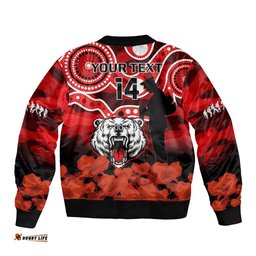 Custom Text And Number North Sydney Rugby ANZAC Bomber Jacket Bears Indigenous Mix Camouflage Poppy