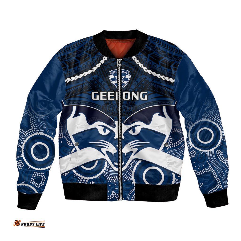 Personalised Geelong Football Bomber Jacket Go Cats Aboriginal Mix Polynesian Pattern