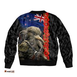 New Zealand Kiwi Soldier ANZAC Bomber Jacket Red Poppy Flower and Silver Fern Pattern