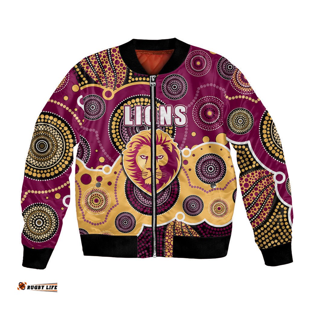 Custom Personalised And Number Lions AFL Bomber Jacket Aboriginal Patterns