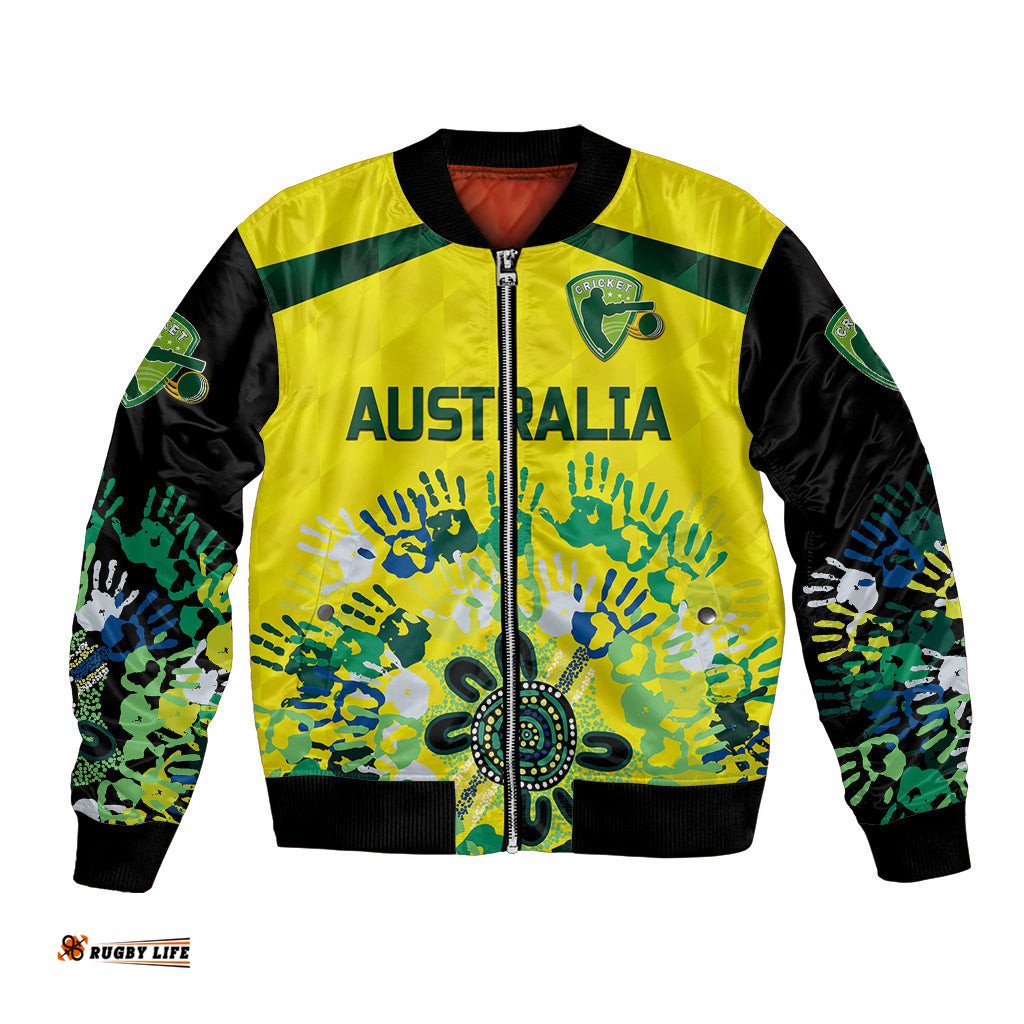Custom Personalised Australia Cricket Bomber Jacket Aboriginal Style Unique - Black