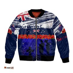 New Zealand and Australia ANZAC Day Bomber Jacket Lest We Forget Red Poppy Flowers and Soldier