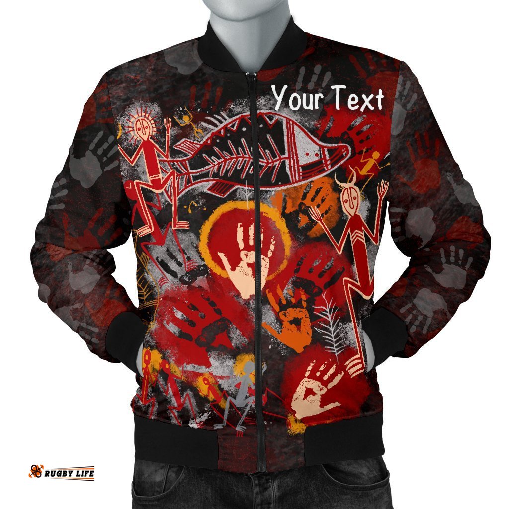 Custom Aboriginal Men's Bomber Jacket - Indigenous Fish Hand Art